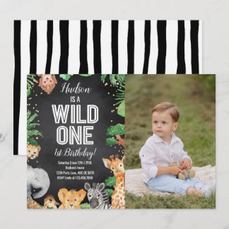 Safari Animals Wild One Birthday Black Photo Invitation