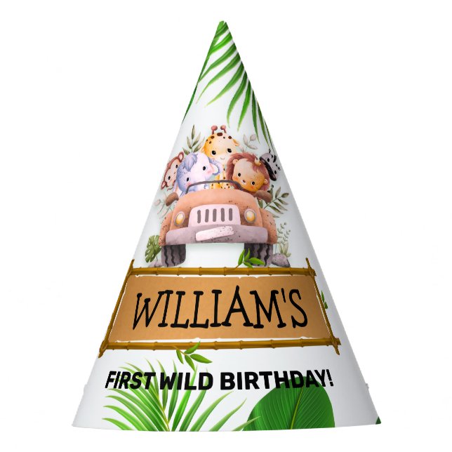 Safari ANIMALS Wild One Birthday  Party Hat (Front)