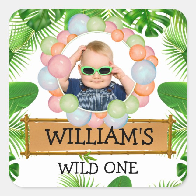 Safari Animals Wild One Birthday PHOTO Square Sticker (Front)