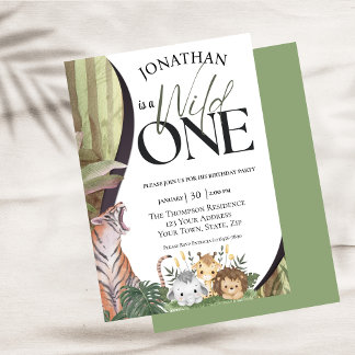 Safari Animals Wild One First Birthday Invitation