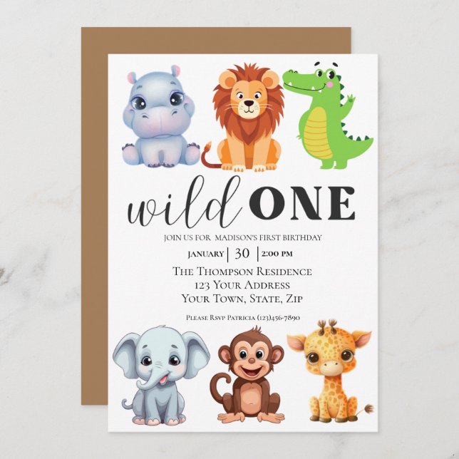 Safari Animals Wild One First Birthday  Invitation (Front/Back)