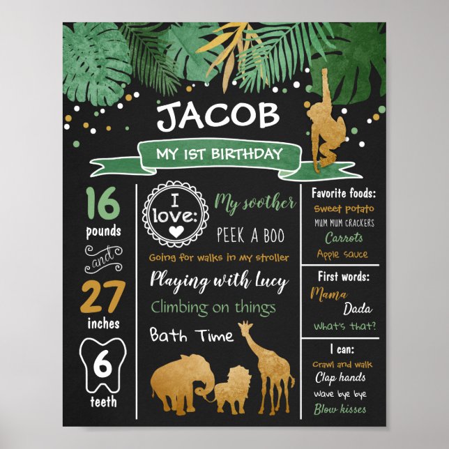 Safari Animals Wild One First Birthday Milestones Poster (Front)