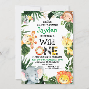 Safari Animals Wild One Safari Prints 1st Birthday Invitation