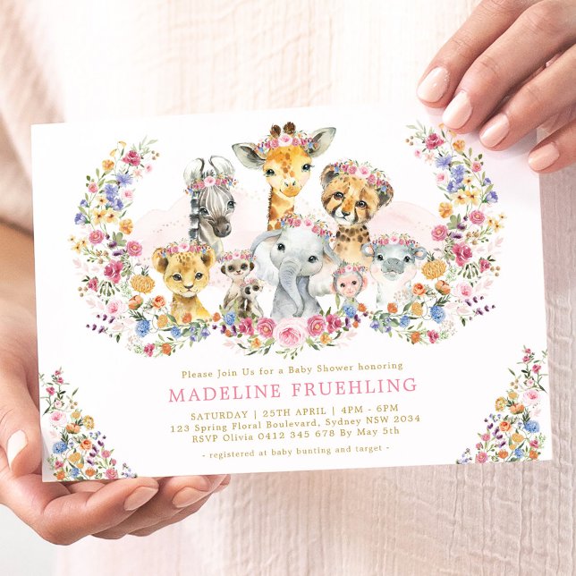 Safari Animals Wildflower Garden Girl Baby Shower Invitation (Creator Uploaded)