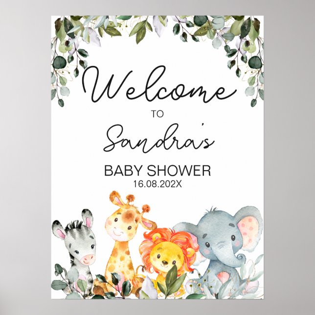 Safari Animals with Lion Baby Shower Welcome Sign (Front)