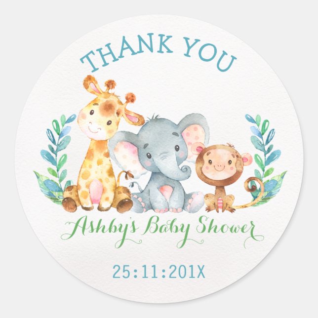 Safari Animals With Monkey Baby Shower Sticker (Front)