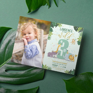Safari Animals Young Wild & 3 Photo Birthday Invitation