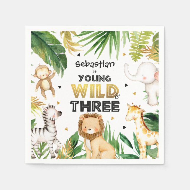 Safari Animals Young Wild And Three 3rd Birthday Napkin (Front)