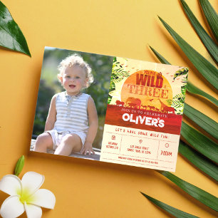 Safari Animals Young Wild & Three Photo Birthday Invitation