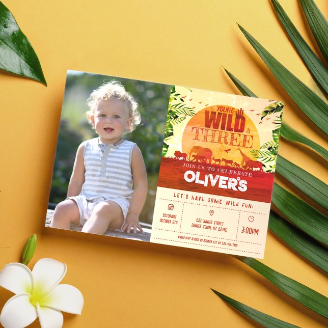 Safari Animals Young Wild & Three Photo Birthday Invitation (Creator Uploaded)