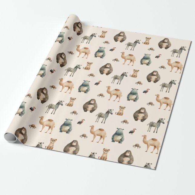 Safari Animals Zebra Lion Camel Hippo Wrapping Paper (Unrolled)