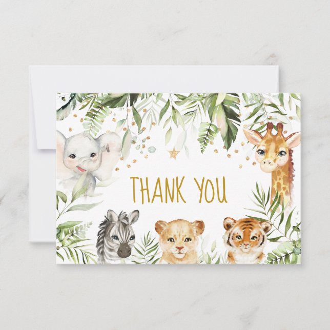 Safari baby animals and greenery thank you card (Front)