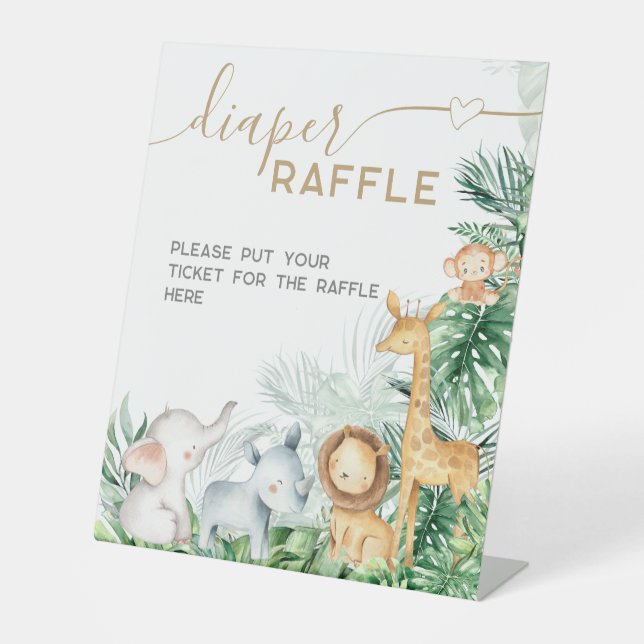 Safari Baby Animals Baby Shower Diaper Raffle Pedestal Sign (Front)