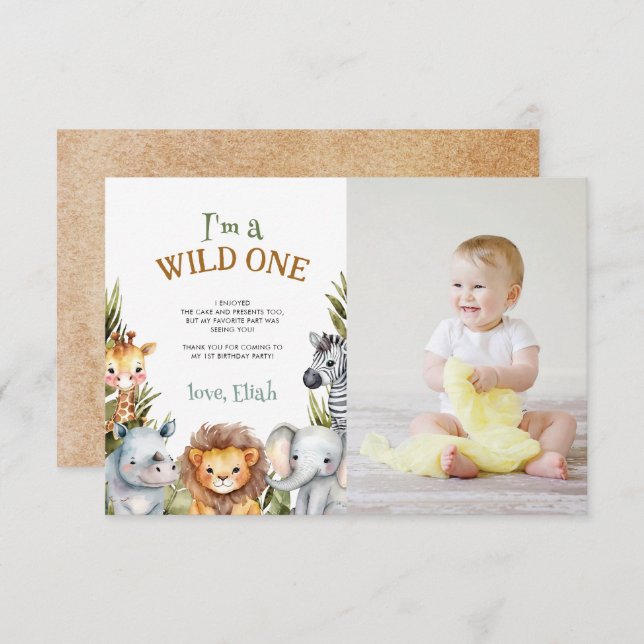 Safari Baby Animals First Birthday Thank You Card (Front/Back)