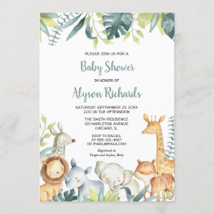 Safari baby animals gender neutral baby shower invitation