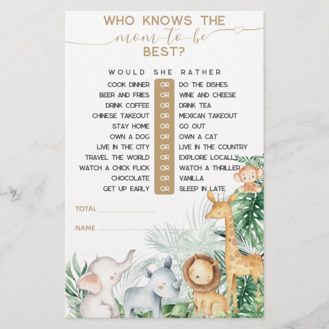 Safari Baby Animals Greenery Baby Shower game (Front)