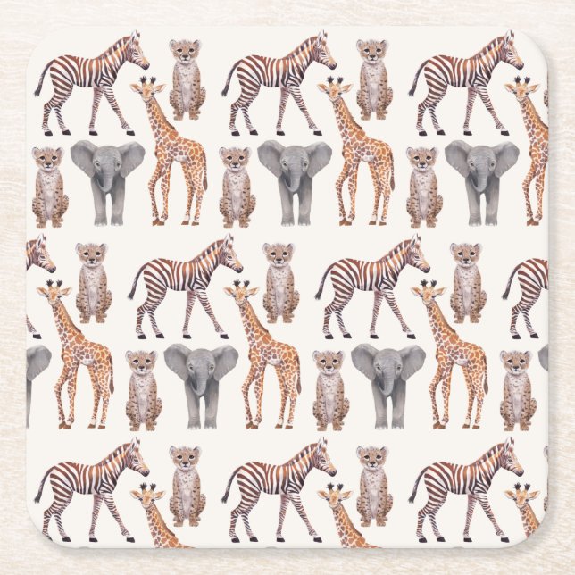 Safari Baby Animals Pattern Square Paper Coaster (Front)