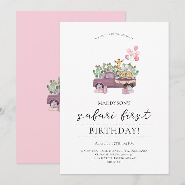 Safari Baby Animals Truck 1st Birthday Party Invit Invitation (Front/Back)