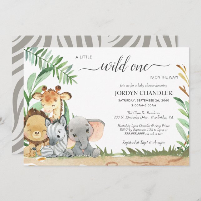 Safari Baby Animals Wild One Baby Shower Invitation (Front/Back)
