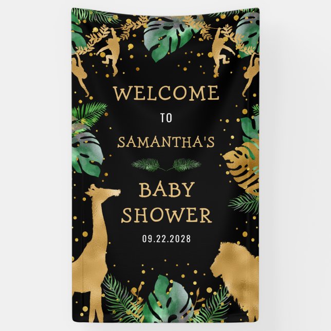 Safari Baby Shower Black Gold Green Welcome Banner (Vertical)
