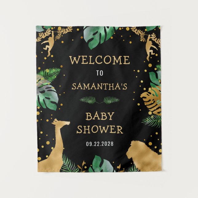 Safari Baby Shower Black Gold Green Welcome Tapestry (Front)
