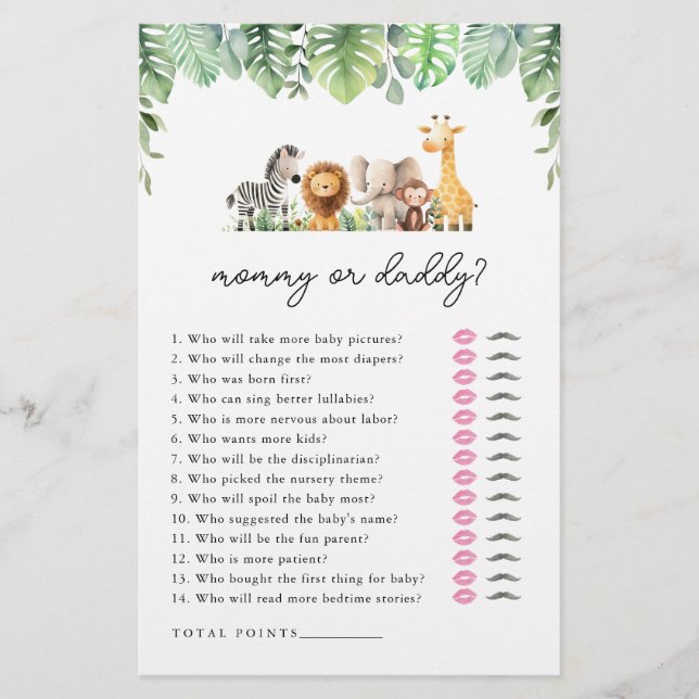 Safari Baby Shower Game - Mummy or Daddy Flyer (Front)