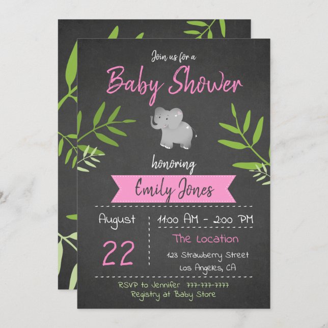 Safari Baby Shower Girl Chalkboard Invitation (Front/Back)