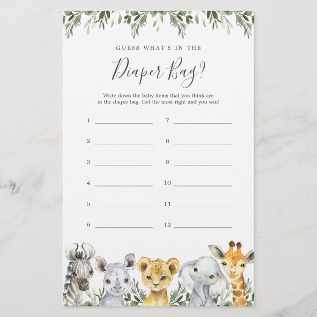 Safari Baby Shower Guess What's in the Diaper Bag (Front)