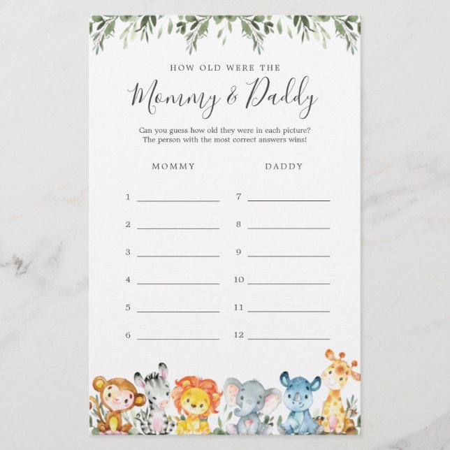 Safari Baby Shower How Old Were They Game Card (Front)