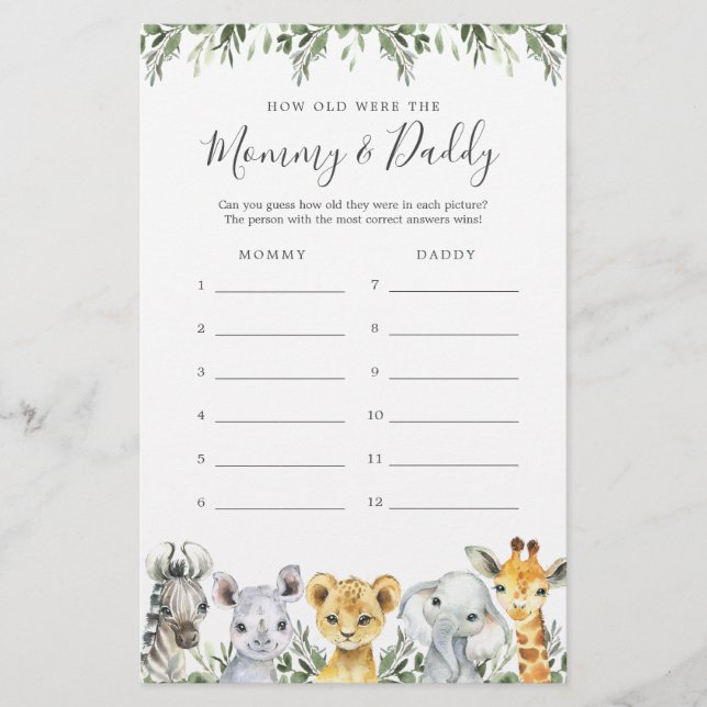 Safari Baby Shower How Old Were They Game Card (Front)