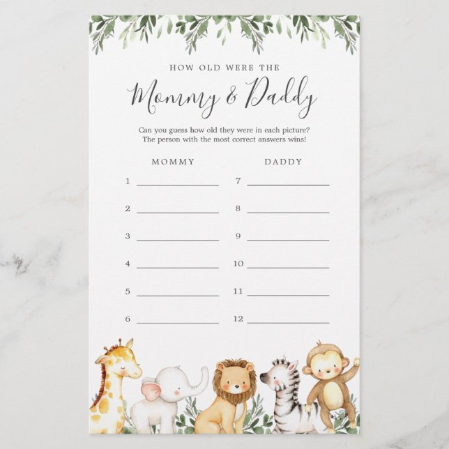 Safari Baby Shower How Old Were They Game Card (Front)