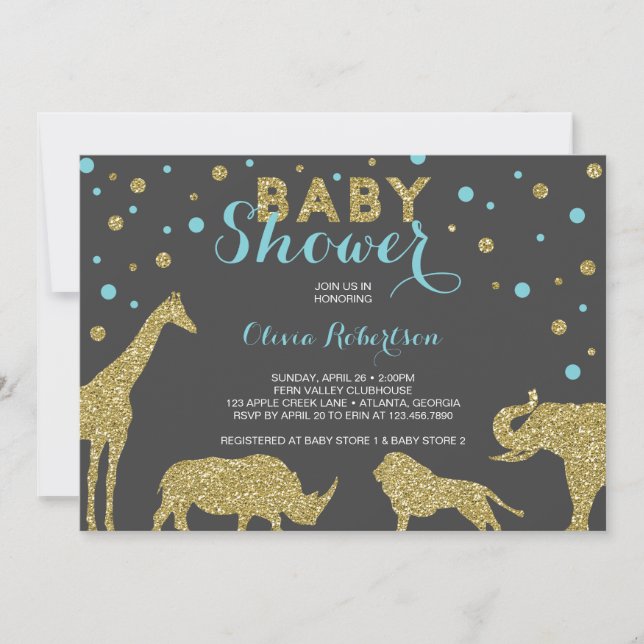 Safari Baby Shower Invitation, Faux Gold, Aqua Invitation (Front)
