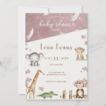 Safari Baby Shower Invitation Pink Watercolor Ju
