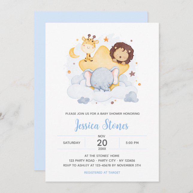 Safari Baby Shower Invitations on Star Moon Sky (Front/Back)