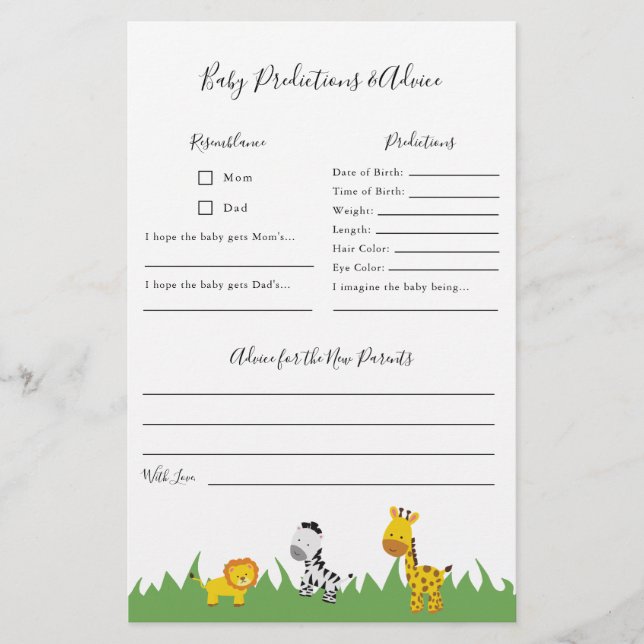 Safari Baby Shower Predictions and Advice Game Flyer (Front)