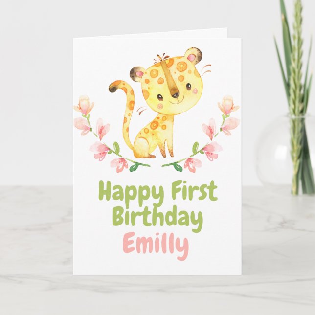 Safari Baby tiger Girl Happy 1st Birthday Card (Front)