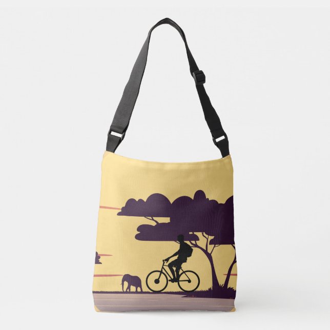 Safari Bike Ride at Sunset – Cyclist and Elephant  Crossbody Bag (Front)