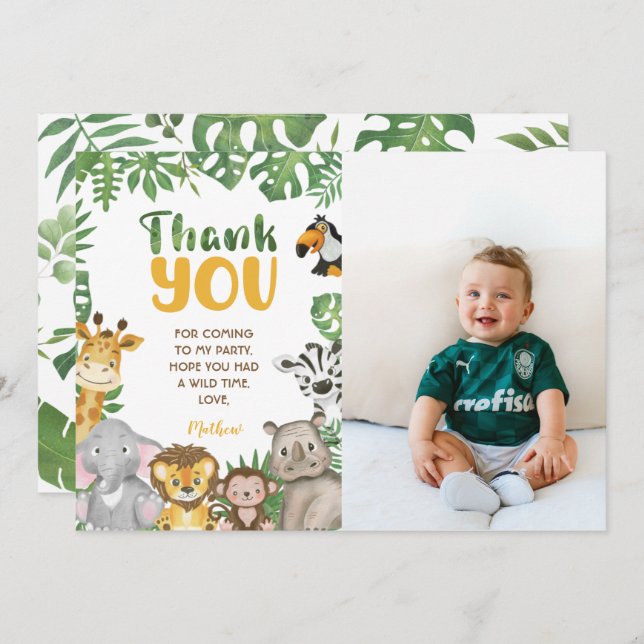 Safari Birthday Animals Jungle Wild one and Two Thank You Card (Front/Back)