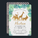 Safari Birthday Invitation<br><div class="desc">Modern safari design for the glam safari party.  Decked with gold foiled jungle animals - elephants,  lion,  giraffe and monkey - framed with an arch of green tropical watercolor foliage leaves.  Perfect for your wild one!</div>