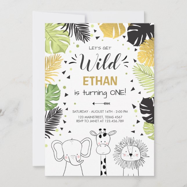 Safari Birthday Invitation Zoo Wild Jungle animals (Front)