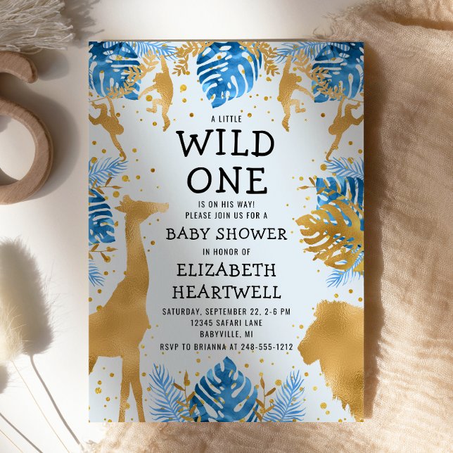 Safari Blue Gold Boy Baby Shower Invitation (Creator Uploaded)