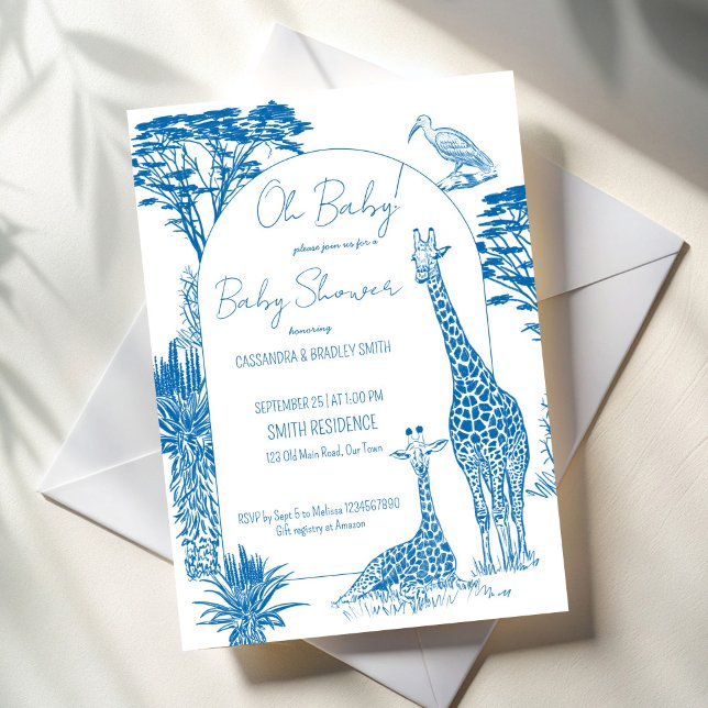 Safari blue toile giraffe baby shower invitation (Safari dusty blue toile de jouy giraffe baby shower invitation template African safari invitations)