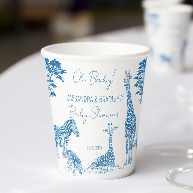 Safari blue toile giraffe baby shower monogrammed paper cups (Safari blue toile de jouy giraffe African animals baby shower monogrammed personalized paper cups)