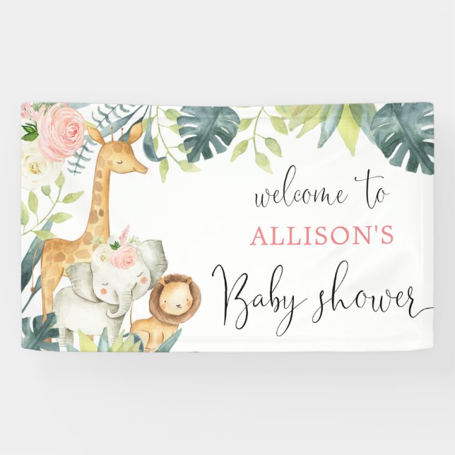 Safari blush pink floral girl baby shower backdrop banner (Horizontal)