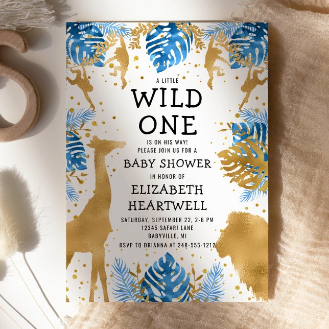 Safari Boy Baby Shower Blue Gold Invitation (Creator Uploaded)
