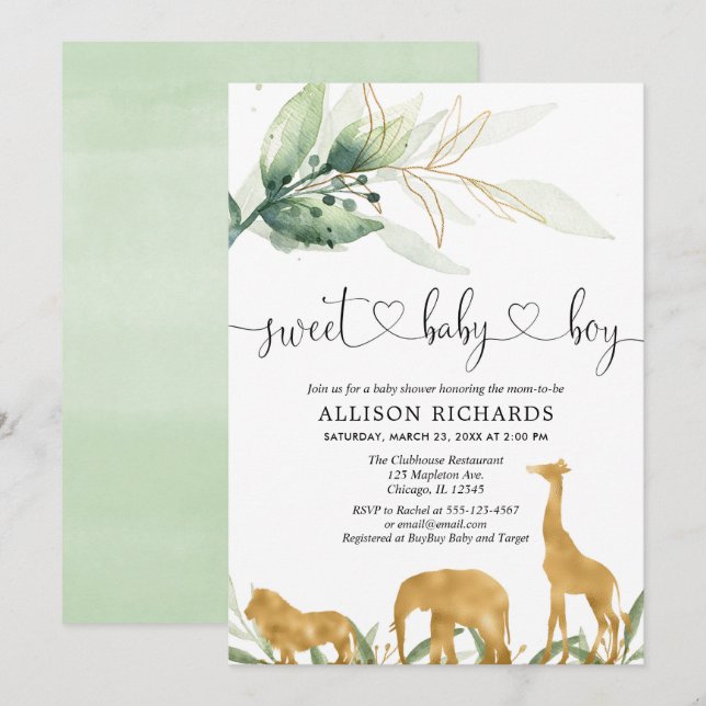 Safari boy baby shower invitation sweet baby boy (Front/Back)