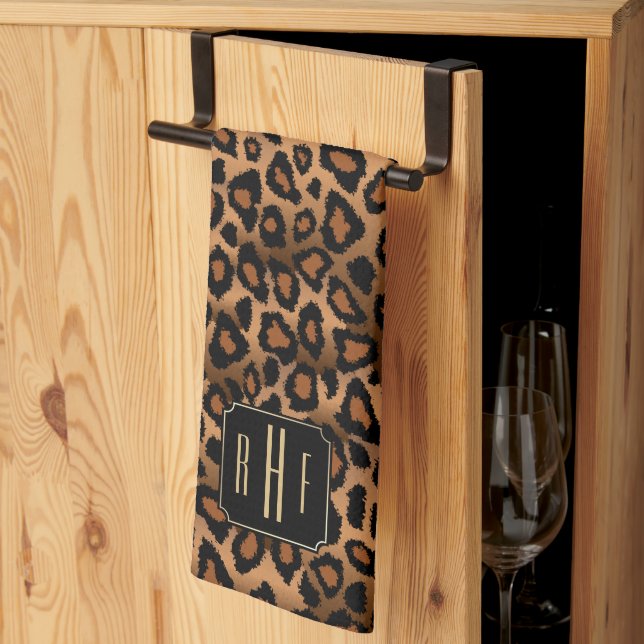 Safari Brown Leopard - Monogram Kitchen Towel (Thirds Fold)