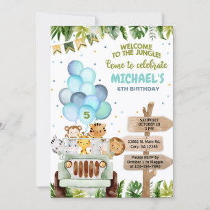 Safari car, balloons, jungle animals boy birthday. invitation
