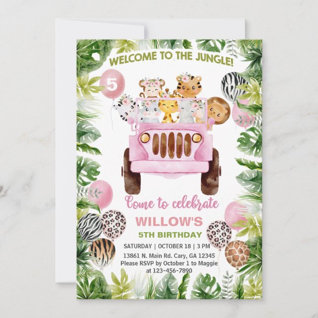 Safari car, pink car, animals girl birthday invite (Front)