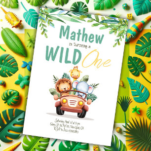 Safari Car Wild One Boy Birthday Invitation